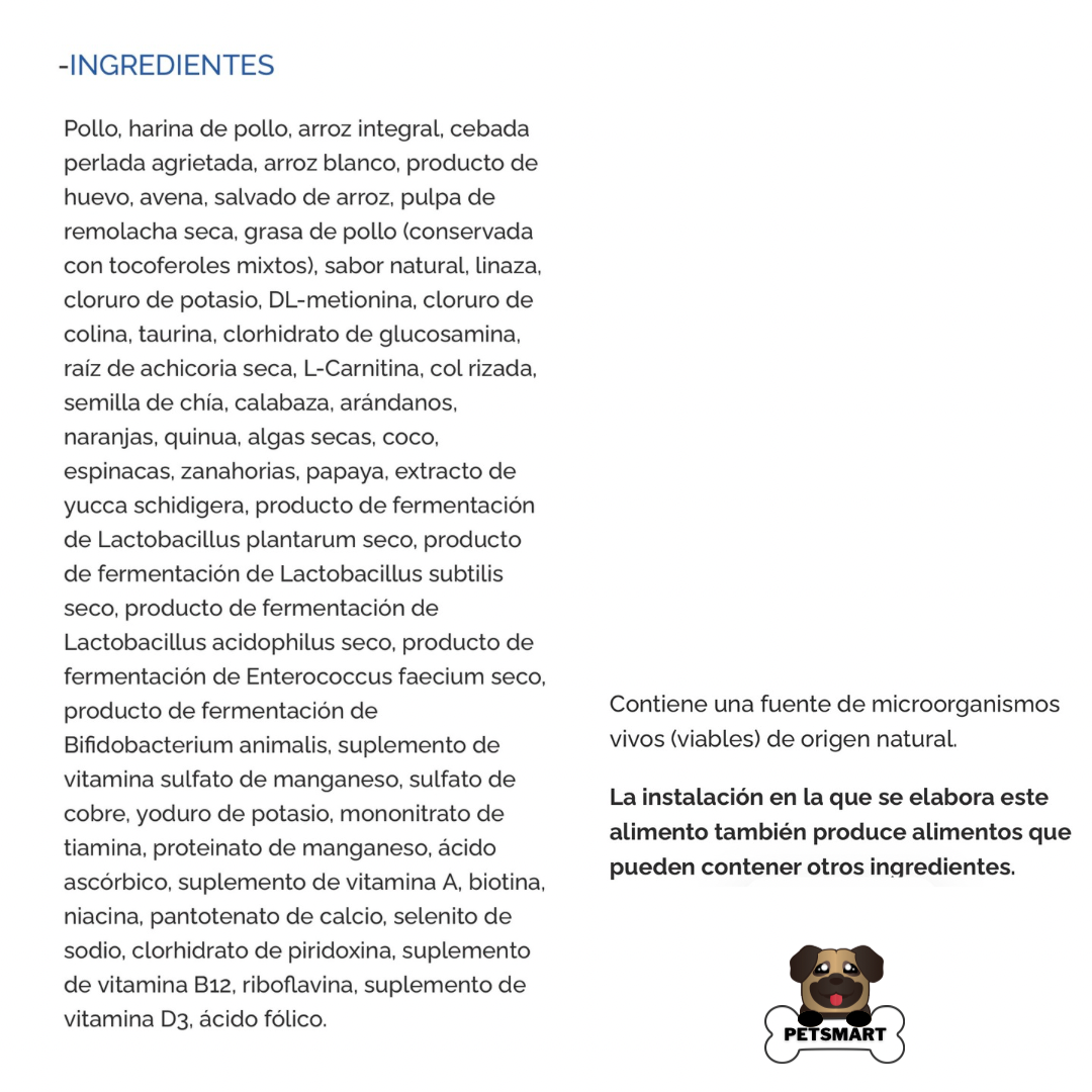 Composición, análisis garantizado y guía de alimentación del alimento Diamond Naturals Senior para perros adultos mayores, con nutrición adaptada a su edad.