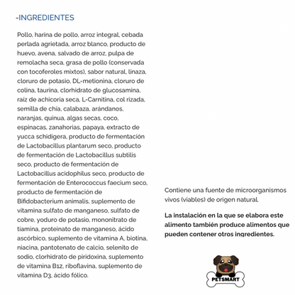 Composición, análisis garantizado y guía de alimentación del alimento Diamond Naturals Senior para perros adultos mayores, con nutrición adaptada a su edad.