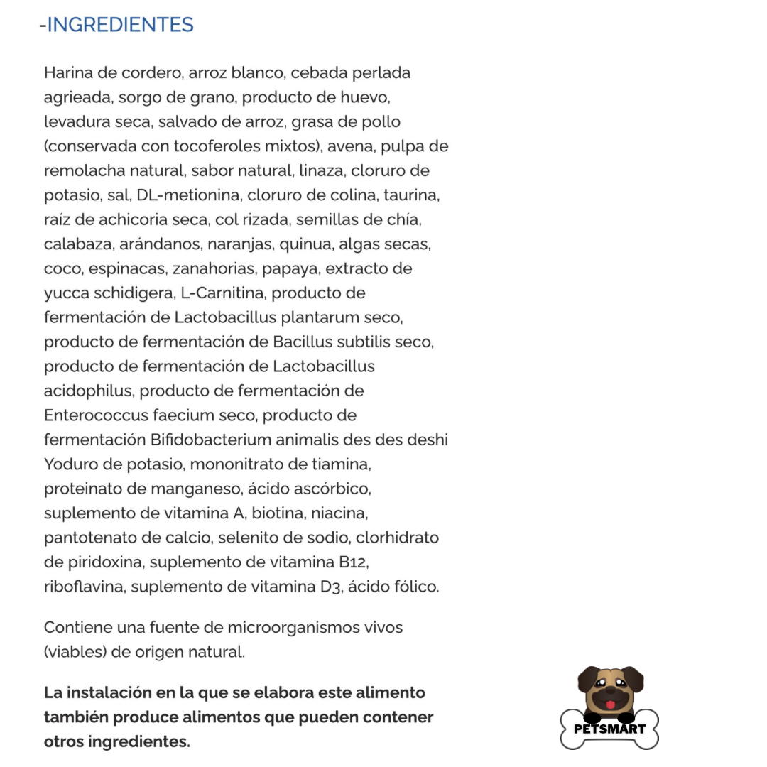 Composición, análisis garantizado y guía de alimentación del alimento Diamond Naturals cordero para perros, con raciones diarias según peso corporal.