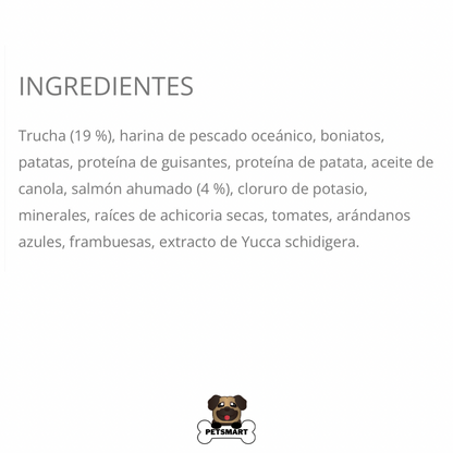 Composición, análisis garantizado y guía de alimentación del alimento Taste of the Wild Canyon River para gatos, elaborado con proteínas de pescado.