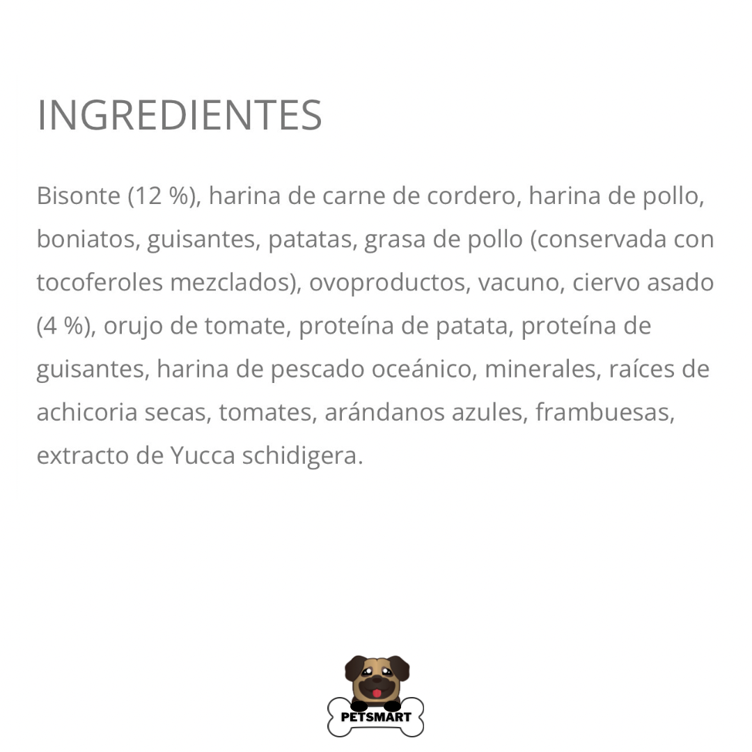 Composición, análisis garantizado y guía de alimentación del alimento Taste of the Wild Prairie para perros adultos, con proteínas seleccionadas y porciones recomendadas.